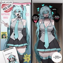 1girl ace glitch black thighhighs blue eyes blue hair breasts cleavage commentary drooling english commentary fangs fuw…