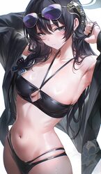 1girl aged up armpits arms up bikini black bikini black coat black hair blue archive blush breasts coat collarbone comm…