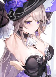 1boy 1girl absurdres alternate breast size (larger) armpits arms up black dress black hat breasts closed mouth clothes …