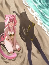 2girls animal ears bare shoulders barefoot beach bikini blush breasts commentary day dressed shadow (meme) english comm…