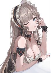 1girl bare shoulders black choker bonnet breasts choker cleavage commentary request dress frilled choker frilled wrist …