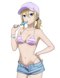 1girl absurdres bikini bikini bottom under shorts bikini under clothes breasts cleavage commentary coro fae denim denim…