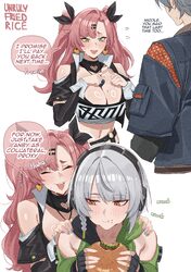 1boy 2girls absurdres anby demara artist name bare shoulders black gloves black ribbon blue jacket blush braid breasts …