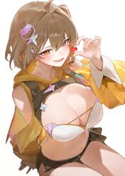 1girl absurdres ahoge anis (nikke) anis (star) (nikke) bandeau bare shoulders black shorts blurry blurry background blu…