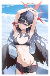 1girl armpits arms behind head belt bikini bikini under clothes black bikini black hair black shorts black wings blue a…