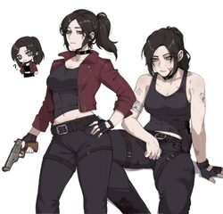 1girl ? absurdres bandages bare shoulders belt black gloves blue eyes breasts chibi claire redfield commentary english …