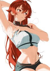1girl absurdres ahoge arm up armpits bare shoulders blush breasts closed mouth collared shirt commentary request crop t…