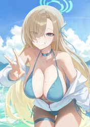 1girl absurdres alternate costume asuna (blue archive) bare shoulders bikini blonde hair blue archive blue bikini blue …