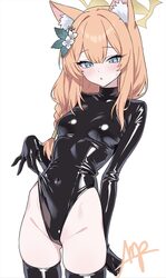 1girl animal ear fluff animal ears ass visible through thighs black leotard blue archive breasts cat ears cat girl comm…