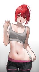 1girl absurdres black leggings black shorts breasts clothes pull commentary english commentary grey background grey spo…