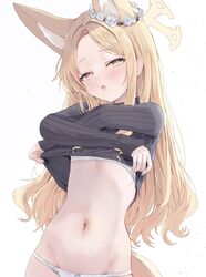 1girl animal ear fluff animal ears black shirt blonde hair blue archive commentary extra ears flower forehead fox ears …