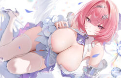 1girl areola slip bare shoulders bow breasts cleavage closed mouth commentary detached sleeves dress from above hair bo…