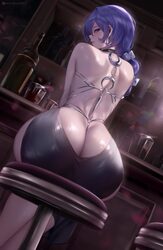 1girl absurdres alternate costume ass ass focus back backless dress backless outfit bare shoulders black dress bottle b…