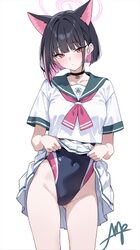 1girl animal ears black choker black hair blue archive cat ears cat girl cat tail choker clothes lift commentary compet…