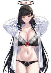 1girl alternate costume arms up ass visible through thighs black bra black hair black panties blue archive blush borrow…