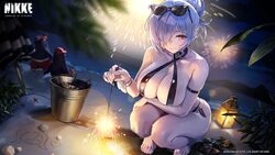 1girl absurdres beach bird black slingshot swimsuit blush breasts cinderella (crystal wave) (nikke) cinderella (nikke) …