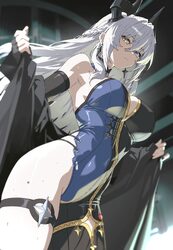 1girl absurdres bare shoulders black coat black gloves black horns blue eyes blue leotard blurry blurry background brai…