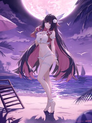 1girl alternate breast size (larger) alternate costume barefoot beach bikini breasts closed mouth cloud cloudy sky colo…