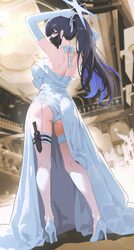1girl absurdres achilles tendon adjusting hair ankle arms behind head ass bare shoulders black hair black mask blue arc…