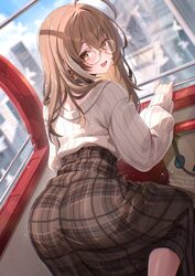 1girl ahoge alternate hair length (longer) ardenlolo ass black choker black streaks brown cardigan brown hair brown ski…