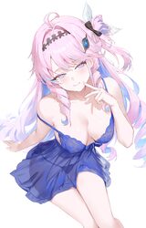 1girl absurdres ahoge alternate costume bare shoulders black panties blue dress blue eyes blue hair blush bow bow panti…