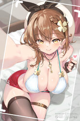 1girl atelier (series) atelier ryza atelier ryza 2 bare shoulders beret bikini black ribbon blush braid breasts brown e…