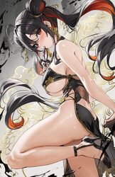 1girl athenawyrm black dress black hair black shoes blush breasts chinese clothes commentary double bun dress from side…
