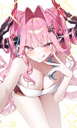 + + 1girl absurdres aqua hair arknights arknights  endfield bare shoulders black horns blush breasts cleavage closed mo…
