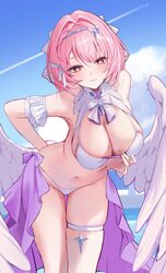 1girl absurdres alt text alternate costume arm behind back bikini blue sky blush braid breasts cleavage closed mouth cl…