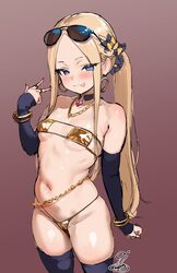 1girl 9is abigail williams (fate) bare shoulders belly chain bikini black bow black thighhighs blonde hair blue eyes bl…