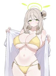1girl absurdres bikini blue archive breasts brown hair chinese commentary commentary request green eyes green halo halo…