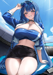 1girl absurdres adjusting eyewear alternate costume arcana (nikke) black skirt blue eyes blue hair blue jacket blue sky…