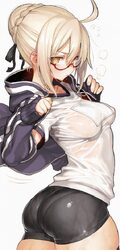 1girl absurdres ahoge artoria pendragon (fate) ass bike shorts black jacket blonde hair blush braid braided base braide…