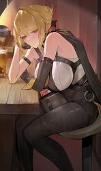 1girl absurdres alcohol arm strap beer black gloves black pants blonde hair blush breasts chest harness commentary elbo…