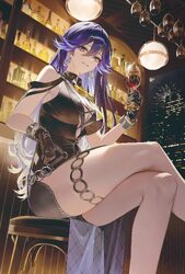 1girl absurdres bar (place) black dress black gloves breasts chungla commentary crossed legs cup dress drinking glass e…