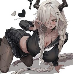 1girl  d absurdres alternate costume arm support azur lane black-framed eyewear black horns black pantyhose black seraf…