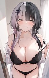 1girl  d absurdres black bra black hair black panties blunt bangs blush bra breasts cleavage commentary grey hair grin …