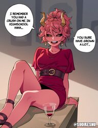 1girl  d absurdres artist name ashido mina belt black belt black sclera boku no hero academia bracelet breasts collarbo…