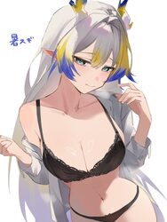 1girl alternate breast size (larger) arknights black bra black panties blonde hair blue hair bra breasts cleavage drago…
