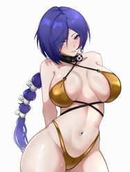 1girl alternate costume arms behind back artnikov bare shoulders bikini blue hair breasts cleavage commentary cowboy sh…