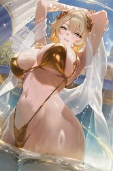 1girl aglaea (honkai  star rail) alternate costume armpits arms up artist name bikini blonde hair breasts commentary go…
