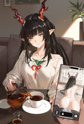 1girl 1other absurdres alternate costume arknights arknights  endfield ass bare shoulders black hair blush bra cellphon…