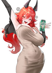 1girl absurdres alcohol alternate costume antenna hair arm up bare shoulders beer beer can black shrug bra bra peek bra…