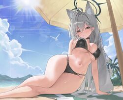 1girl absurdres ahoge alternate costume animal ear fluff animal ears bare shoulders beach bikini bird black bikini blue…