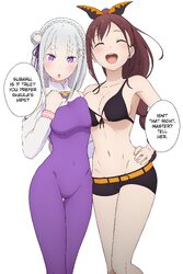 2girls absurdres anime coloring bare shoulders belt bikini black bikini black ribbon black shorts blush bodysuit braid …