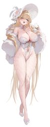 1girl absurdres armpit crease blonde hair blue eyes blush breasts cleavage commentary cup curvy detached collar drinkin…