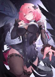 1girl absurdres artist name black bow black dress black shrug black thighhighs black wings bow breasts chinnpou comment…