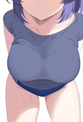 1girl arms behind back blue archive blue buruma blush breasts buruma closed mouth collarbone commentary request head ou…
