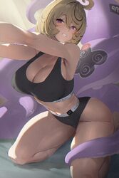 1girl absurdres alternate costume bare shoulders black panties black sports bra blonde hair blush breasts cleavage comm…