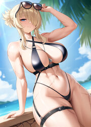 1girl alternate costume arm up bare arms bare shoulders blonde hair blue eyes blue sky blush breasts closed mouth day d…